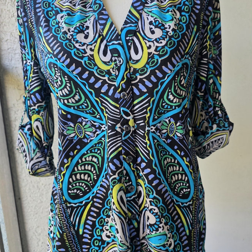 Style & Co. Blue and Green Patterned Blouse